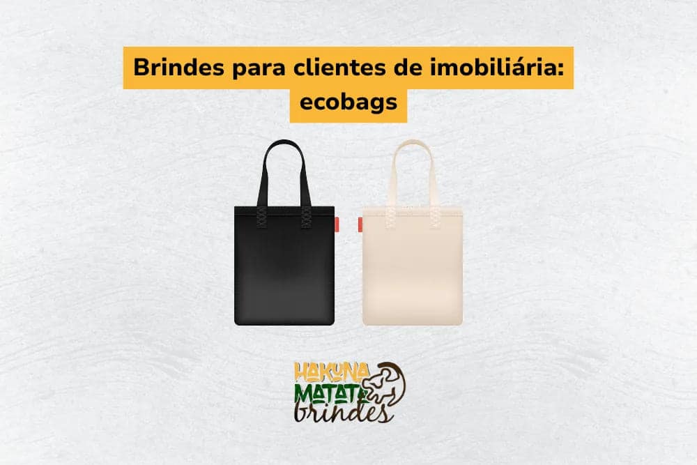 Ecobags reutiliz&aacute;veis em cores neutras como brindes para clientes de imobili&aacute;ria.